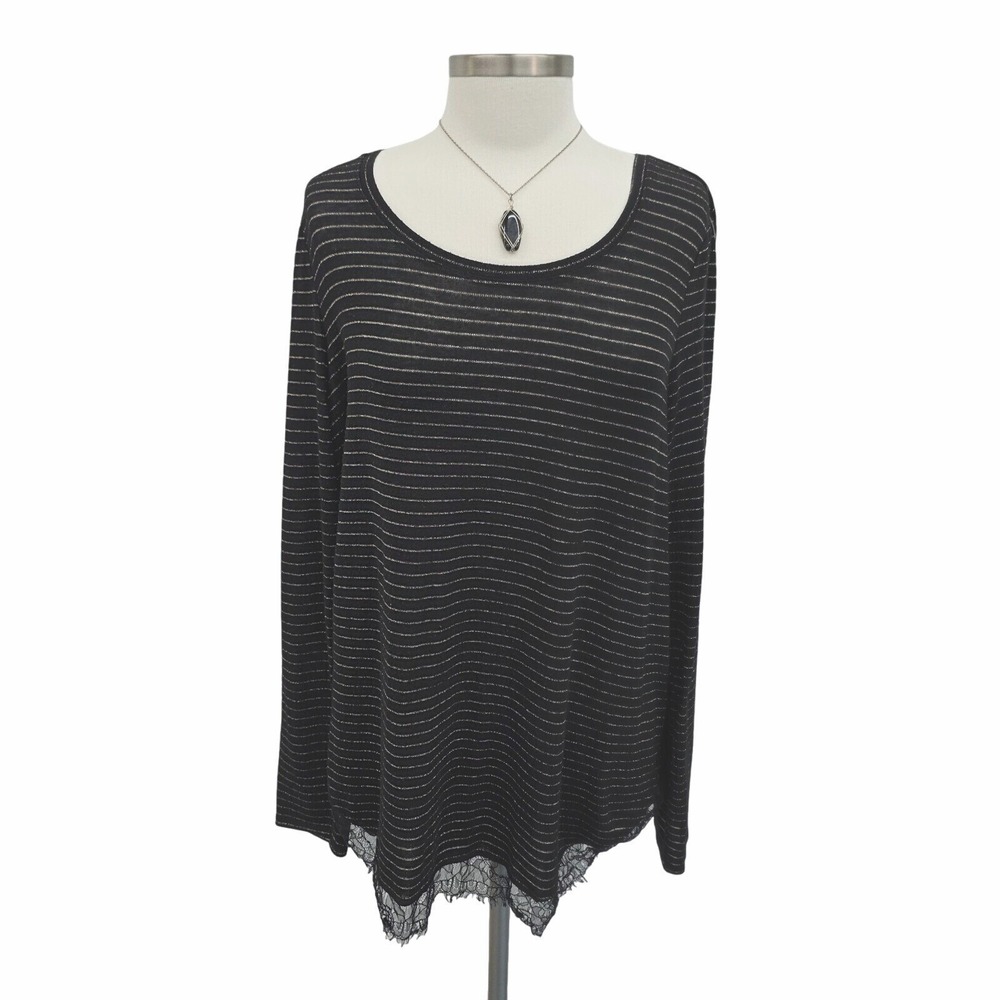 Lauren Conrad Womens XL Black Gold Metallic Striped Lace Hem Long Sleeve Blouse